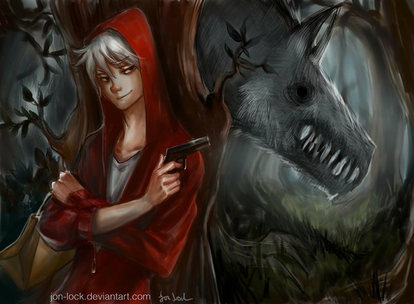 イラスト 1024x751 と little red riding hood オリジナル little red riding hood (character) big bad wolf jon-lock (artist) 短い髪 笑顔 銀髪 white hair open clothes open jacket teeth crossed arms sharp teeth 男性 武器 植物 動物 木 ジャケット