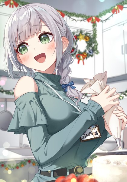 Anime picture 2800x4000 with virtual youtuber hololive shirogane noel tang-du single long hair tall image blush highres breasts open mouth smile large breasts green eyes looking away silver hair indoors braid (braids) long sleeves depth of field