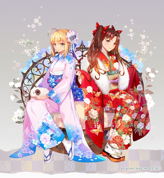 Anime picture 830x900 with fate (series) fate/stay night type-moon artoria pendragon (all) saber toosaka rin astarone long hair tall image open mouth blonde hair simple background brown hair sitting twintails multiple girls green eyes signed traditional clothes japanese clothes