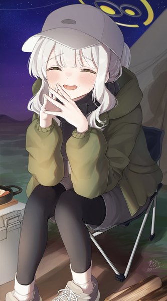 Anime picture 940x1696 with blue archive hare (blue archive) hare (camp) (blue archive) masshirokachi single long hair tall image blush fringe open mouth outdoors white hair ponytail eyes closed official alternate costume ^ ^ ^o^ fingers together girl pantyhose