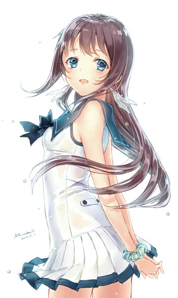 Anime picture 1300x2170 with nagi no asukara p.a. works mukaido manaka jiinyo (awamoe1207) single long hair tall image looking at viewer blush fringe open mouth blue eyes brown hair standing white background bare shoulders :d looking back character names sleeveless