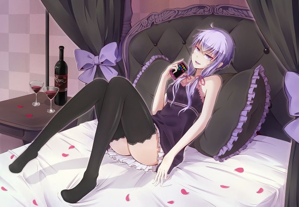 Anime picture 1300x900 with vocaloid yuzuki yukari paparins (artist) long hair looking at viewer open mouth light erotic purple eyes twintails bare shoulders purple hair low twintails reclining girl thighhighs black thighhighs petals pillow bed bottle