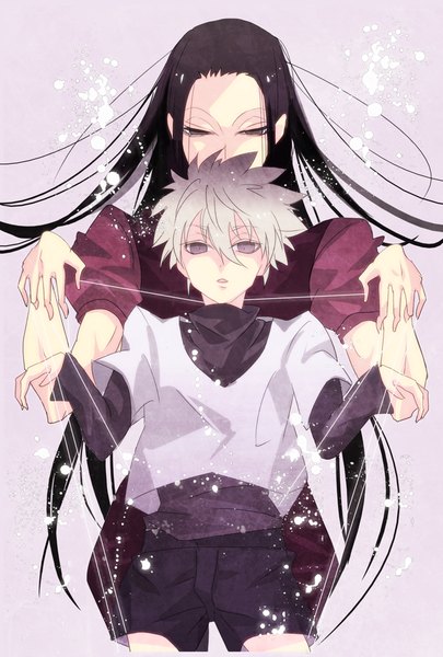Anime picture 669x990 with hunter x hunter killua zaoldyeck illumi zoldyck charai (withoutyou222) long hair tall image looking at viewer fringe short hair open mouth black hair simple background standing silver hair black eyes grey background arms up multiple boys grey eyes puffy sleeves