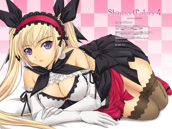 Anime picture 1200x900 with shining (series) shining hearts mistral nereis tony taka single long hair open mouth light erotic blonde hair purple eyes bare shoulders girl thighhighs dress gloves black thighhighs elbow gloves headdress