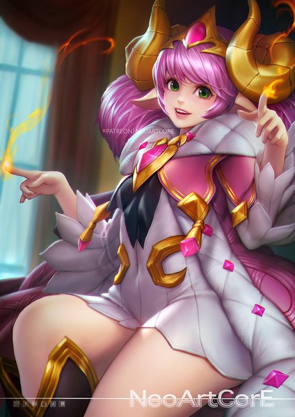 Anime picture 800x1132 with arena of valor alice (arena of valor) nudtawut thongmai single long hair tall image looking at viewer fringe smile hair between eyes sitting green eyes signed pink hair indoors parted lips horn (horns) lips pointy ears realistic