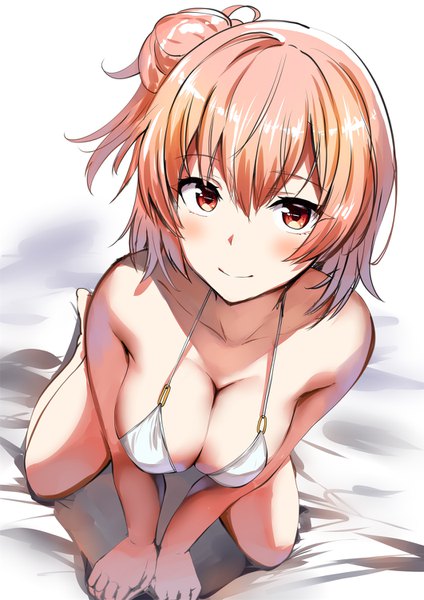 Anime picture 1061x1500 with yahari ore no seishun love comedy wa machigatteiru. brains base (studio) yuigahama yui belko single tall image looking at viewer blush fringe short hair breasts light erotic simple background smile hair between eyes red eyes large breasts white background bare shoulders payot