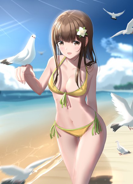 Anime picture 2000x2750 with original lazy guang guang single long hair tall image looking at viewer blush fringe highres breasts open mouth light erotic brown hair large breasts brown eyes sky cloud (clouds) blunt bangs hair flower sunlight