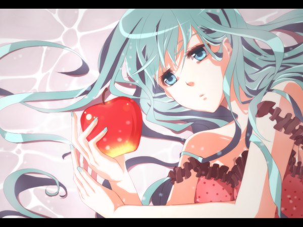 Anime picture 1600x1200 with vocaloid romeo to cinderella (vocaloid) hatsune miku mukkun girl apple