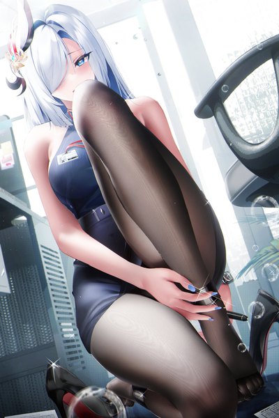 Anime picture 2732x4096 with genshin impact shenhe (genshin impact) fantongjun single long hair tall image looking at viewer blush fringe highres breasts open mouth blue eyes light erotic large breasts bare shoulders silver hair full body bent knee (knees) indoors
