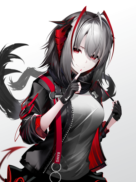 Anime picture 2067x2756 with arknights w (arknights) yuuto (tuej7875) single tall image looking at viewer fringe highres short hair simple background smile hair between eyes red eyes standing white background ahoge tail nail polish horn (horns) fingernails