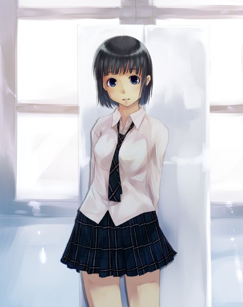 Anime picture 952x1200 with original shacchi single tall image looking at viewer short hair blue eyes black hair girl skirt uniform school uniform shirt necktie