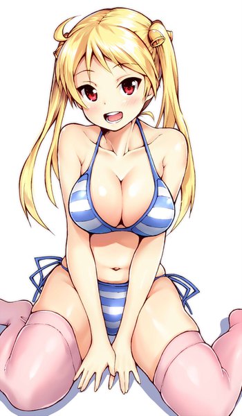 Anime picture 801x1373 with bakuon!! suzunoki rin satoutakahumi single long hair tall image looking at viewer blush fringe breasts open mouth light erotic blonde hair red eyes large breasts white background sitting twintails ahoge teeth