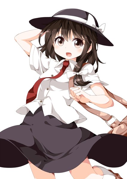 Anime picture 700x988 with touhou usami renko ruu (tksymkw) single tall image blush short hair open mouth simple background brown hair white background brown eyes hand on head girl skirt bow hair bow hat necktie black skirt