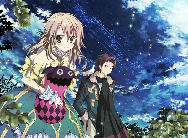 Anime picture 1000x736 with tales of (series) tales of xillia alvin (tales of xillia) elize lutus tipo (xillia) elise lutus ayamisiro long hair looking at viewer blush short hair blonde hair smile red eyes brown hair green eyes sky cloud (clouds) girl dress