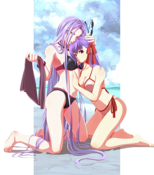 Anime picture 1265x1438 with fate (series) fate/stay night studio deen type-moon matou sakura rider tsukumo long hair tall image light erotic purple eyes multiple girls purple hair sunglasses removed girl 2 girls swimsuit bikini bracelet black bikini