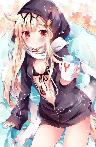 Anime picture 558x851 with kantai collection yuudachi destroyer nogi takayoshi single long hair tall image looking at viewer fringe light erotic blonde hair smile red eyes holding open clothes open jacket bare belly bare legs leaning leaning forward remodel (kantai collection)