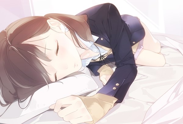 Anime picture 1100x745 with original ama mitsuki single long hair blush fringe brown hair twintails signed lying eyes closed long sleeves twitter username dated sleeves past wrists on side sleeping girl skirt uniform