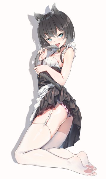 Anime picture 1000x1678 with original fangxiang cuoluan single tall image looking at viewer blush short hair blue eyes light erotic black hair simple background white background animal ears full body tail animal tail cat ears shadow cat girl cat tail