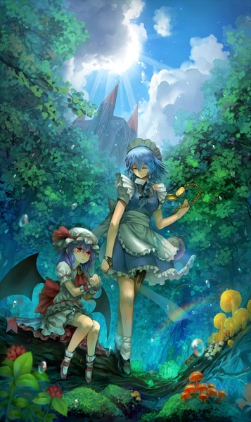 Anime picture 1850x3103 with touhou remilia scarlet izayoi sakuya madcocoon long hair tall image fringe highres short hair smile red eyes multiple girls blue hair looking away sky cloud (clouds) braid (braids) eyes closed wind sunlight