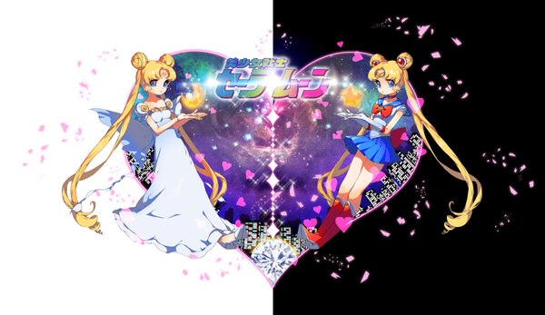 Anime picture 1968x1140 with bishoujo senshi sailor moon toei animation tsukino usagi sailor moon yamijam looking at viewer highres blue eyes blonde hair smile wide image twintails very long hair dual persona girl dress skirt gloves elbow gloves