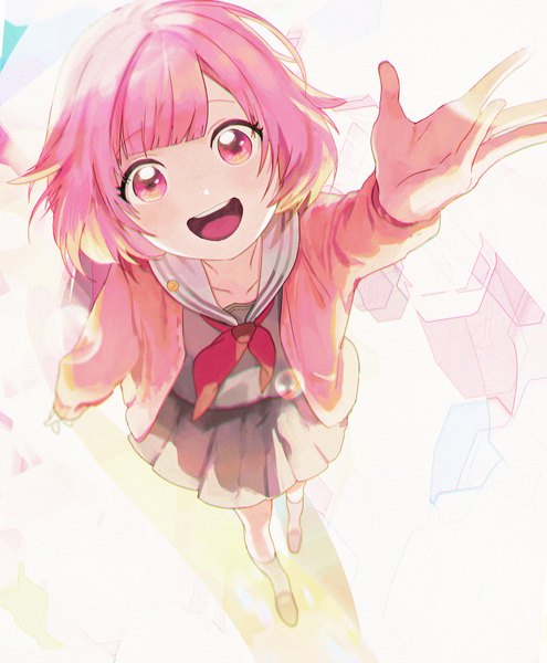 Anime picture 3610x4380 with project sekai ootori emu dotori (seulseul) single tall image looking at viewer highres short hair open mouth pink hair absurdres full body :d pink eyes arm up from above girl uniform serafuku