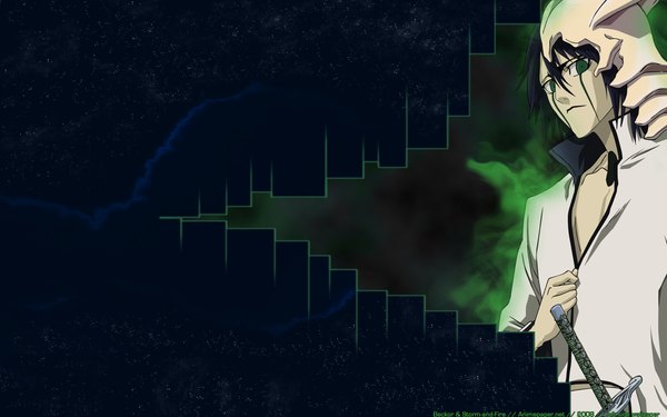 Anime picture 1920x1200 with bleach studio pierrot ulquiorra schiffer single highres short hair black hair wide image green eyes sky facial mark pale skin face paint espada arrancar boy sword katana mask