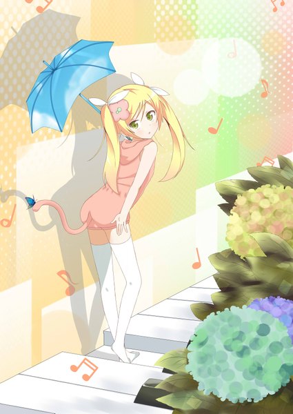 Anime picture 2507x3541 with original tazaki hayato long hair tall image looking at viewer highres blonde hair twintails green eyes tail animal tail looking back shadow cat tail girl thighhighs flower (flowers) bow hair bow white thighhighs