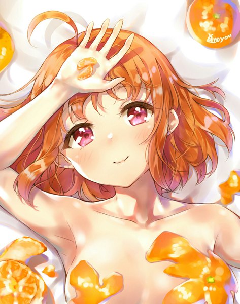 Anime picture 1500x1900 with love live! sunshine!! sunrise (studio) love live! takami chika takenoko no you single tall image looking at viewer short hair light erotic smile signed ahoge lying pink eyes nude orange hair on back girl fruit