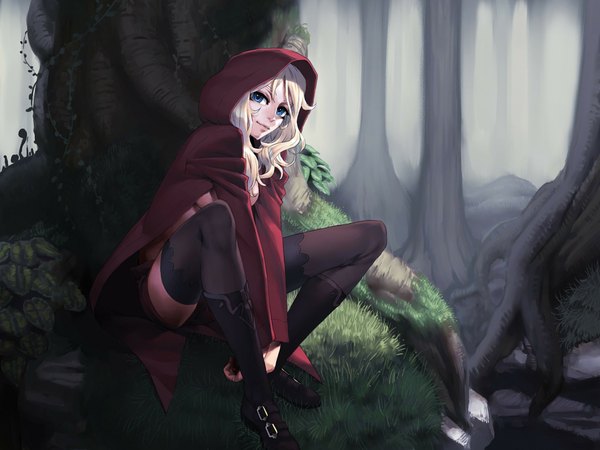 Anime picture 1920x1440 with little red riding hood little red riding hood (character) cozy single long hair looking at viewer highres blue eyes blonde hair sitting girl thighhighs black thighhighs plant (plants) tree (trees) boots hood cape grass forest