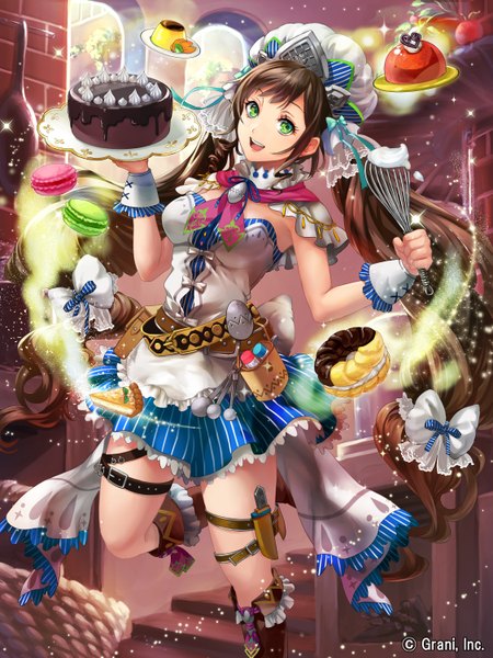 Anime picture 2250x3000 with original tao (taobooon) single tall image looking at viewer highres open mouth brown hair twintails green eyes very long hair girl dress bow hair bow sweets cake cookie (cookies) cream macaron