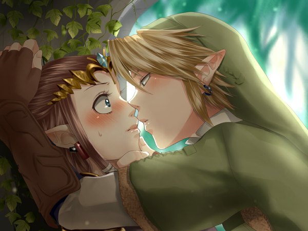 Anime picture 1024x768 with the legend of zelda the legend of zelda: twilight princess nintendo princess zelda link wasabi (legemd) long hair blush short hair blue eyes pointy ears couple elf face to face almost kiss girl boy earrings