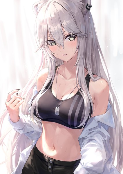 Anime picture 1200x1698 with virtual youtuber hololive shishiro botan shishiro botan (3rd costume) guchico single long hair tall image looking at viewer blush fringe breasts simple background hair between eyes standing bare shoulders green eyes animal ears cleavage silver hair