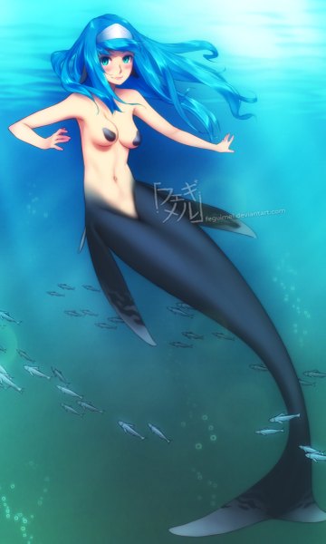 Anime picture 721x1200 with feguimel single long hair tall image looking at viewer blush breasts blue eyes light erotic blue hair light smile underwater girl navel mermaid