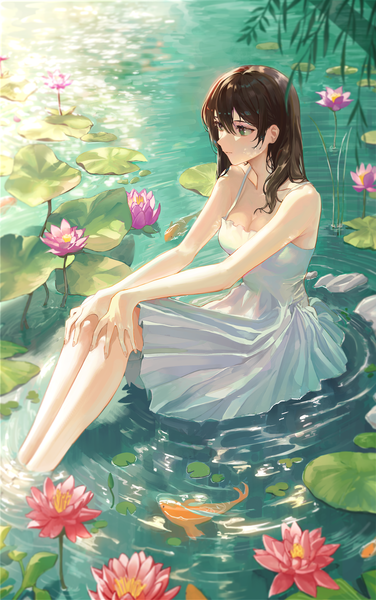 Anime picture 3425x5464 with original lacy (beees002) single long hair tall image fringe highres breasts hair between eyes brown hair sitting green eyes payot looking away absurdres cleavage outdoors fingernails sunlight blurry