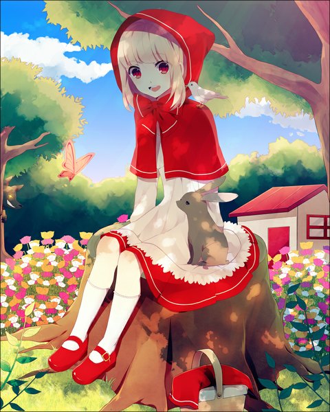 Anime picture 800x1000 with little red riding hood little red riding hood (character) achiki tall image short hair sitting sky cloud (clouds) sparkle girl dress flower (flowers) ribbon (ribbons) plant (plants) animal tree (trees) socks bird (birds) insect butterfly