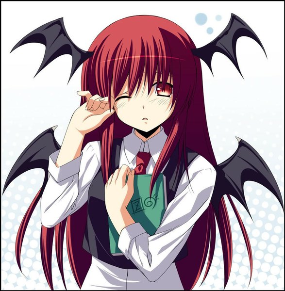 Anime picture 1001x1024 with touhou koakuma zinno long hair tall image looking at viewer fringe red eyes red hair parted lips one eye closed fingernails black wings head wings multiple wings girl shirt wings necktie white shirt