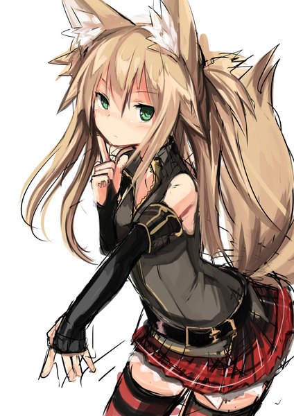Anime picture 1158x1637 with original kokonoe tsubaki haik single long hair tall image looking at viewer blush fringe simple background blonde hair white background bare shoulders green eyes animal ears tail animal tail pleated skirt leaning leaning forward