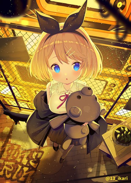 Anime picture 1072x1500 with vocaloid kagamine rin ikari (aor3507) single tall image blush short hair blue eyes blonde hair standing signed looking away full body from above :o twitter username girl ribbon (ribbons) hair ribbon hairclip