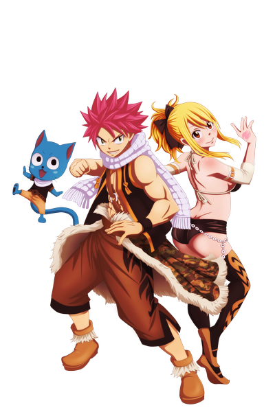 Anime picture 1500x2250 with fairy tail lucy heartfilia natsu dragneel happy (fairy tail) akilachione long hair tall image blush short hair open mouth light erotic blonde hair smile bare shoulders brown eyes green eyes pink hair ponytail looking back tattoo