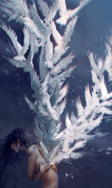 Anime picture 6000x10000 with original yuumei single long hair tall image fringe highres light erotic black hair simple background bare shoulders looking away absurdres upper body eyes closed profile grey background leaning floating hair white wings