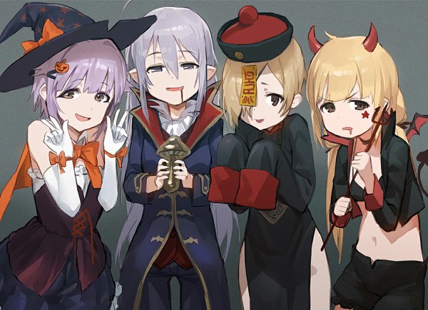 Anime picture 1000x725 with idolmaster idolmaster cinderella girls futaba anzu koshimizu sachiko shirasaka koume hoshi syoko modare long hair looking at viewer fringe blonde hair simple background smile multiple girls brown eyes payot silver hair purple hair tail horn (horns)