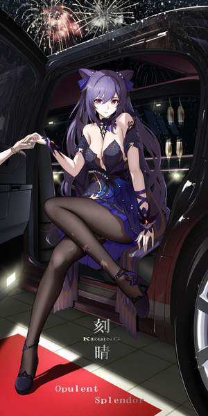 Anime picture 2508x5016 with genshin impact keqing (genshin impact) keqing (opulent splendor) (genshin impact) kokuusinsin long hair tall image fringe highres breasts hair between eyes sitting purple eyes twintails cleavage purple hair full body hair bun (hair buns) character names official alternate costume solo focus