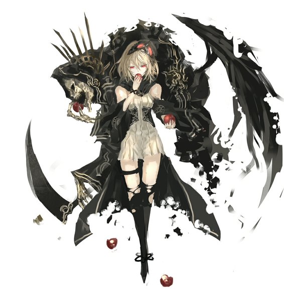 Anime picture 1000x1060 with original pixiv pixiv girls collection 2011 makai no juumin tall image fringe short hair blonde hair simple background red eyes white background holding profile looking down eating torn pantyhose demon skull and crossbones dress hair ornament