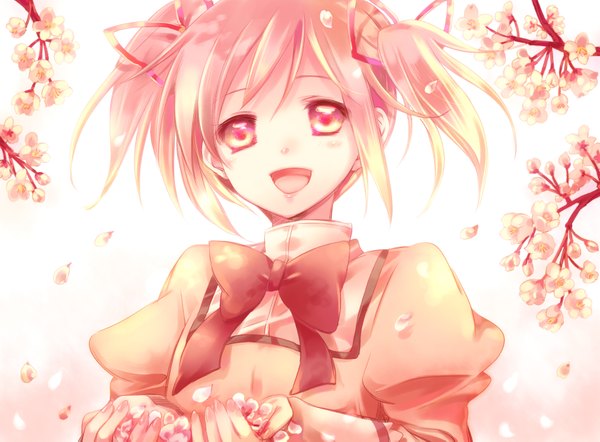 Anime picture 1686x1243 with mahou shoujo madoka magica shaft (studio) kaname madoka yamada ako blush short hair open mouth red eyes twintails pink hair cherry blossoms short twintails girl petals bowtie
