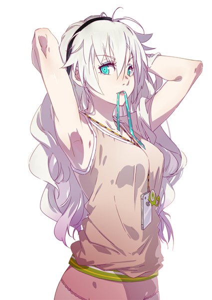 Anime-Bild 800x1130 mit original cici single long hair tall image looking at viewer blue eyes simple background white background holding white hair armpit (armpits) mouth hold ribbon in mouth girl hair ornament ribbon (ribbons) hair ribbon mobile phone trinket