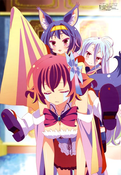 Anime picture 4077x5904 with no game no life madhouse megami magazine shiro (no game no life) stephanie dora hatsuse izuna long hair tall image blush highres short hair open mouth hair between eyes red eyes multiple girls brown eyes animal ears blue hair absurdres purple hair