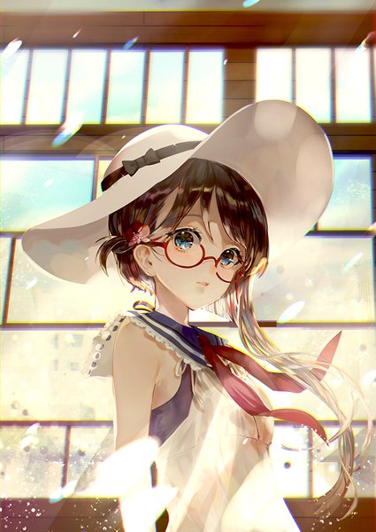 Anime picture 620x875 with original say hana single long hair tall image looking at viewer blush fringe blue eyes brown hair upper body parted lips wind blurry sparkle sleeveless girl dress hair ornament bow