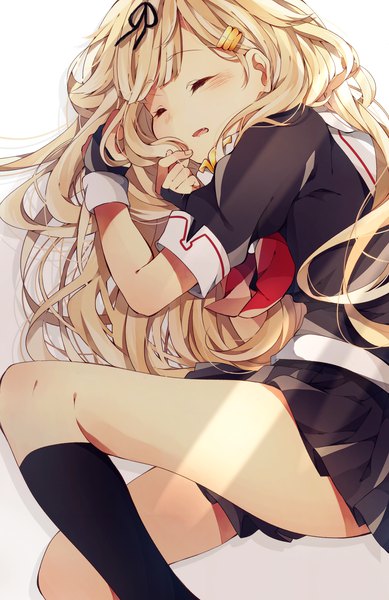 Anime picture 1932x2980 with kantai collection yuudachi destroyer sumoffu single long hair tall image blush highres blonde hair lying eyes closed parted lips pleated skirt fang (fangs) on side sleeping remodel (kantai collection) embryo's pose girl skirt
