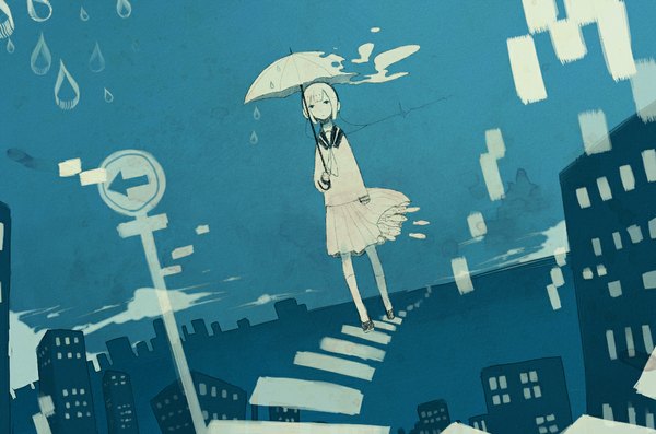 Anime picture 1024x678 with original menruiko single fringe short hair sky pleated skirt grey hair black eyes rain crosswalk girl skirt socks serafuku headphones building (buildings) umbrella white socks water drop