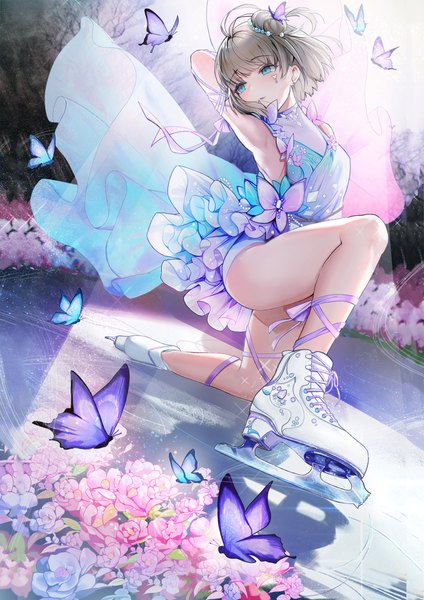 Anime picture 4093x5787 with original para3318 single tall image blush fringe highres short hair open mouth blue eyes light erotic looking away absurdres full body ahoge bent knee (knees) blunt bangs arm up grey hair armpit (armpits)